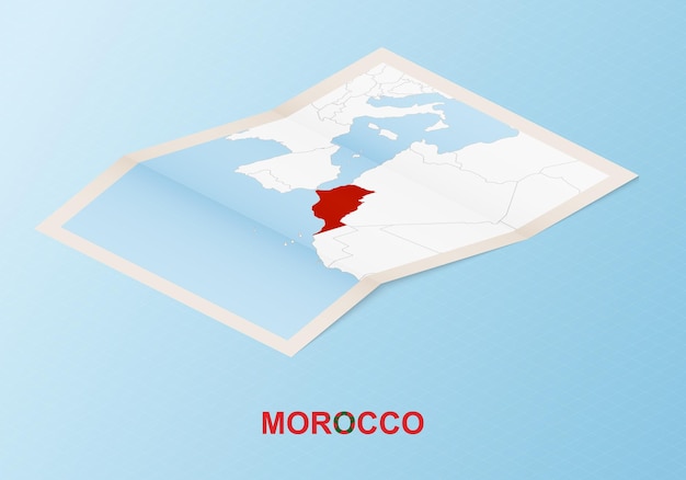 Folded paper map of Morocco with neighboring countries in isometric style.