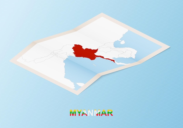 Vector folded paper map of myanmar with neighboring countries in isometric style.