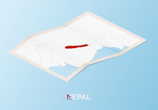 ネパールと近隣諸国の等角投影図を折りたたんだ紙の地図。