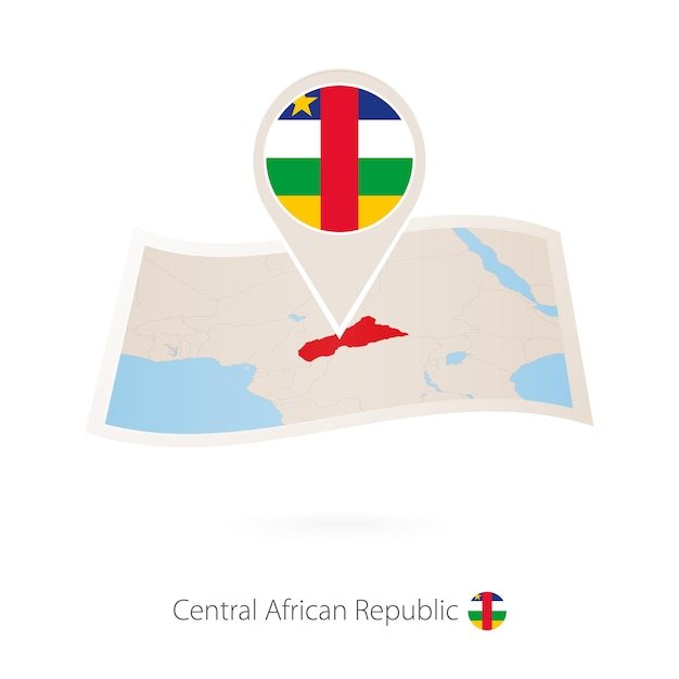 중앙 아프리카 공화국의 국기 핀이 있는 중앙 아프리카 공화국의 접힌 종이 지도