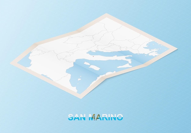 Folded paper map of San Marino with neighboring countries in isometric style.