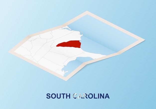 Folded paper map of South Carolina with neighboring countries in isometric style.