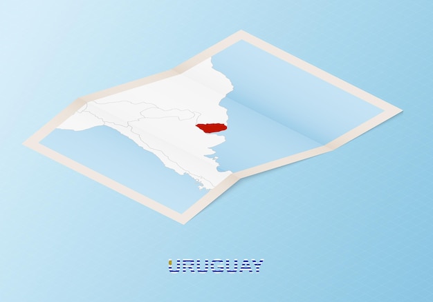 Folded paper map of Uruguay with neighboring countries in isometric style.