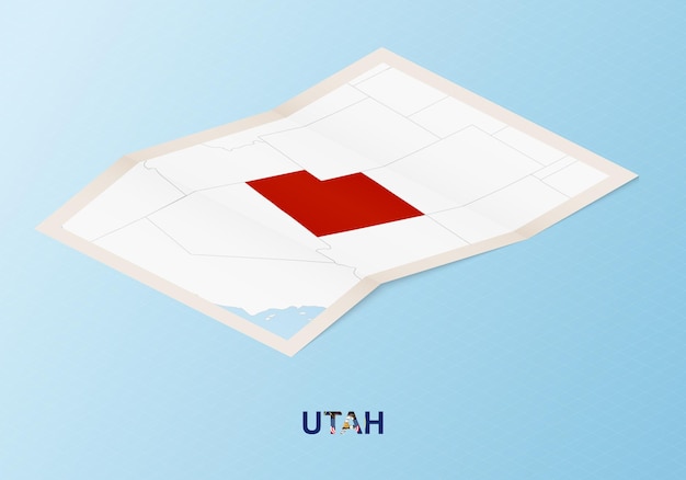 Folded paper map of Utah with neighboring countries in isometric style.