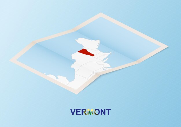 Folded paper map of vermont with neighboring countries in isometric style.