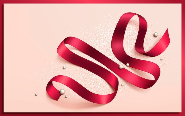 Vector folded red ribbon elements for decorative uses with pearls isolated creamy background