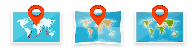 Vector folded world maps in a flat style simplified paper map with red location pin navigation route and