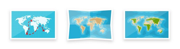 Vector folded world maps in a flat style simplified paper map with shadow navigation route and road trip planning vector illustration