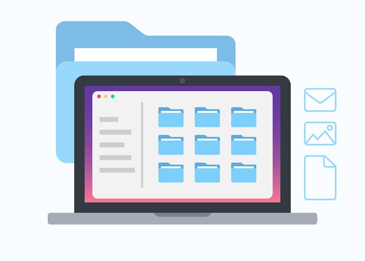 Vector folder and files explorer database archive on laptop concept vector illustration