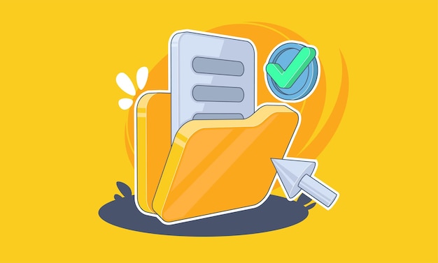 Vector folder with documents on yellow background illustration in cartoon style