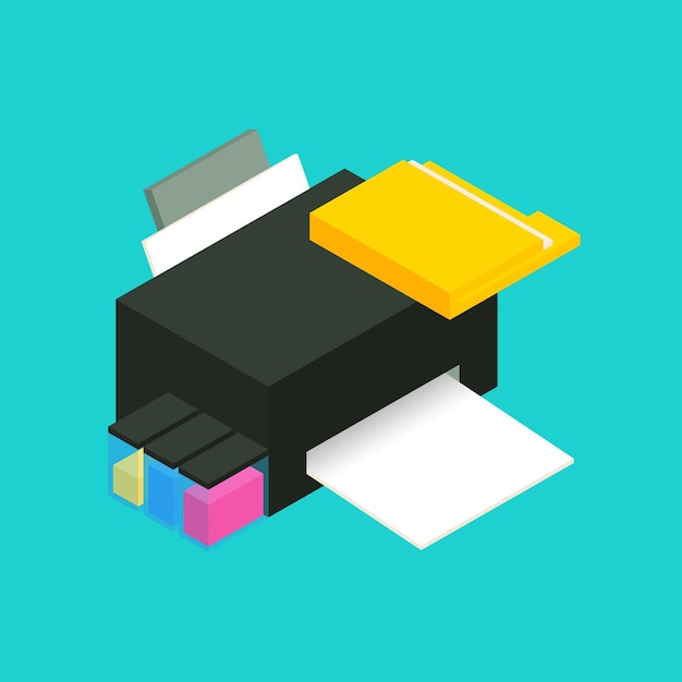 Folders are placed on colored printers isometric 3D vector illustration