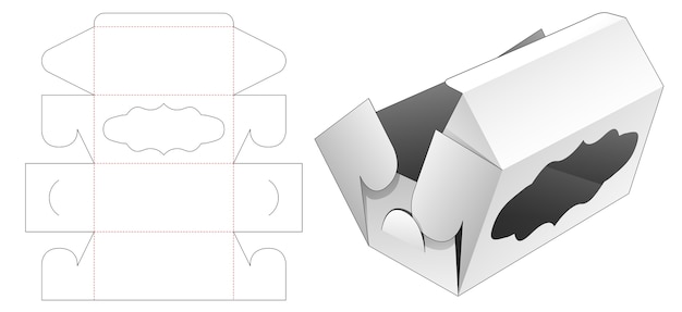 Vector folding bekery box with curve window die cut template