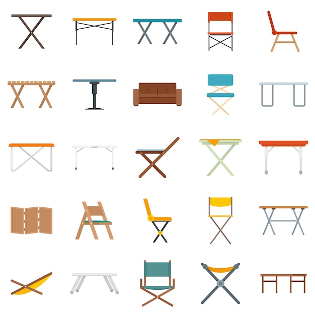 Folding furniture icons set. Flat set of folding furniture vector icons isolated on white background