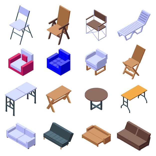 Folding furniture icons set, isometric style