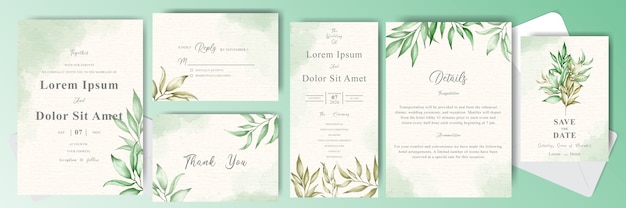 Набор акварельных свадебных пригласительных билетов листвы и зелени