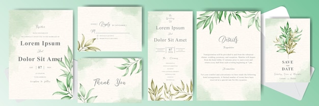 Foliage and greenery watercolor wedding invitation cards bundle set template