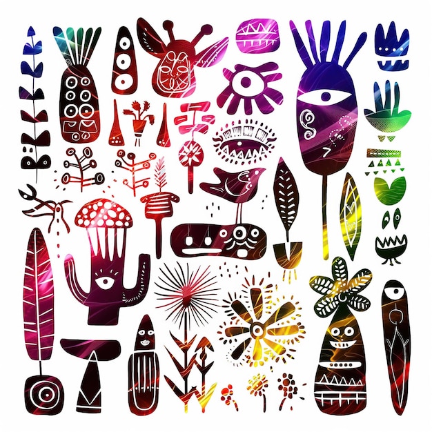 Folk Art flat vector linear set illustration high quality