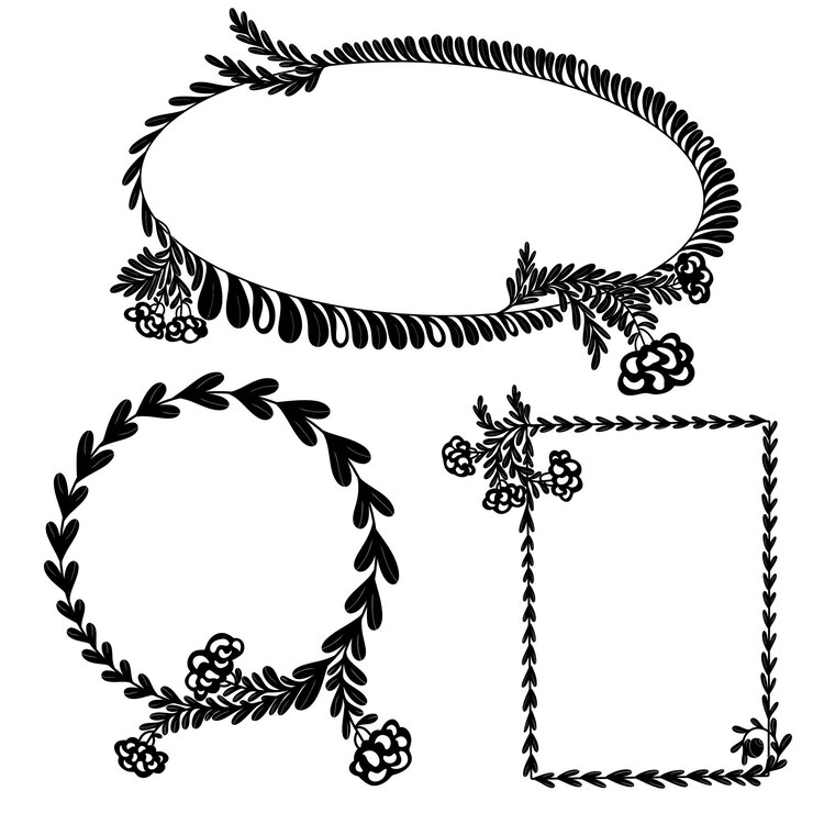 Vector folk art floral frames holiday decor space for text postcard design linocut style set of black vector elements collection clip art bundle