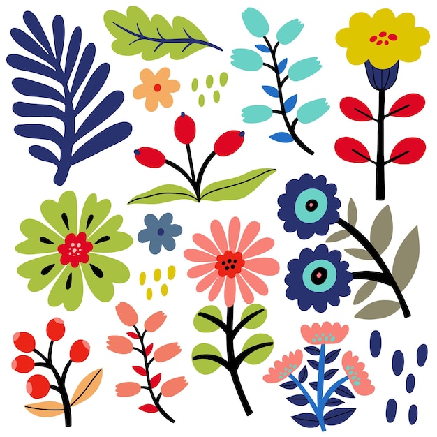 Folk art flowers set vector flat illustration isolated elements on white background