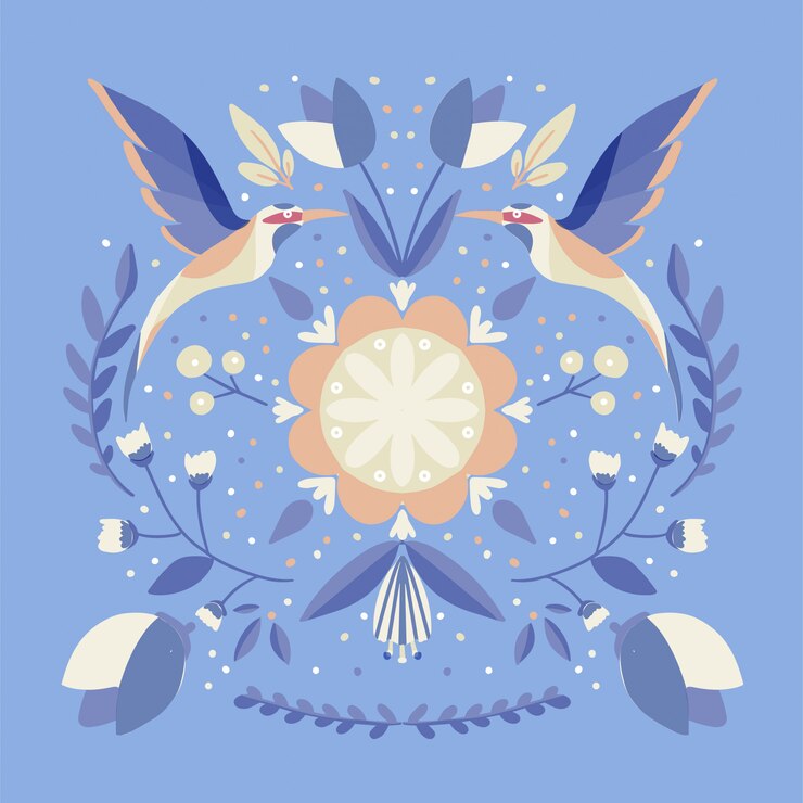 Vector folk art scandinavian colourful pattern with floral and birds