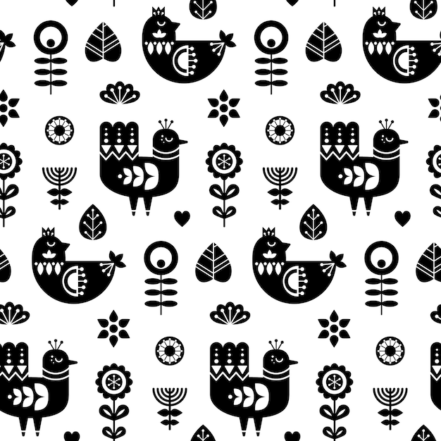 Folk art seamless pattern with birds and decorative floral elements