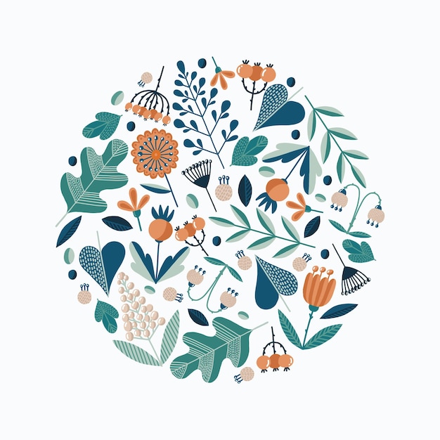 Vector folk botanical elements round isolated vector illustration