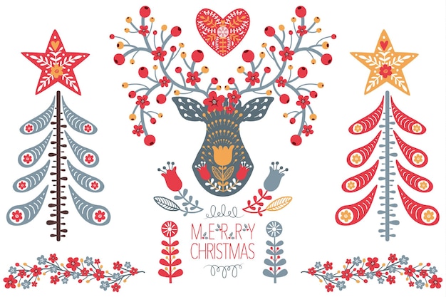 Vector folk christmas art design set