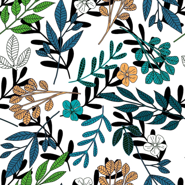 folk floral endless wallpaper. modern leaves and little flowers seamless pattern on white background. botanical background. trendy fabric design, wrapping paper. vector illustration