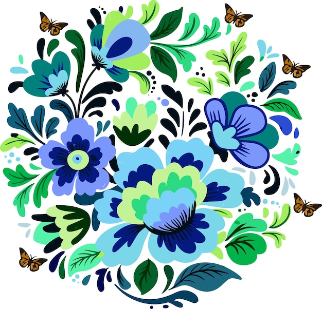 Folk Flowers With Butterfly