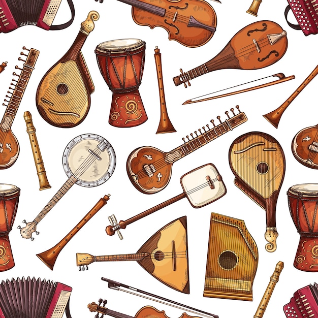 Vector folk musical instruments seamless pattern