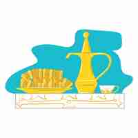 Vector folk russian tea gzhel service bakery product foodstuff bread goods teapot icon flat vector