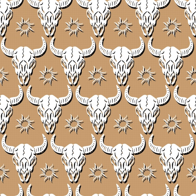 Folk skull buffalo and sun native vector seamless pattern