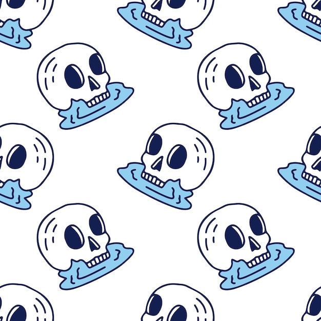 Folk skull and water on white background seamless pattern. Modern vintage, pop art style.