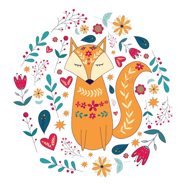 Folk vector card with colorful fox and bright flowers cute foxy