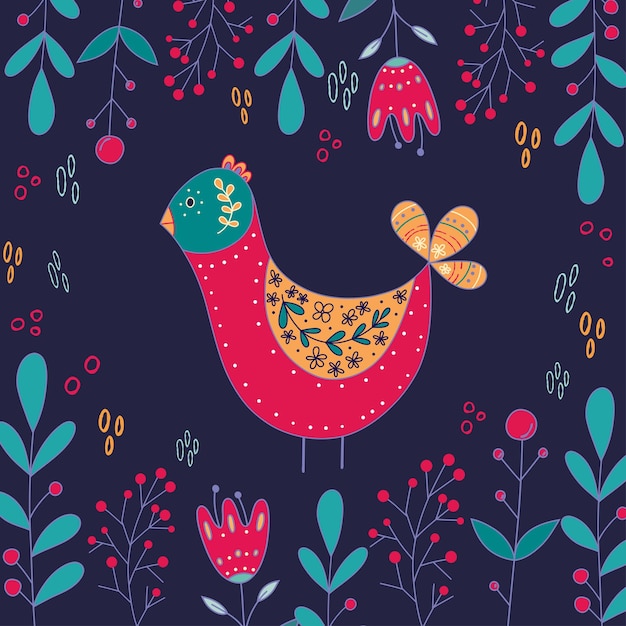 Folk vector kaart met kleurrijke vogels en heldere bloemen Schattig vogeltje