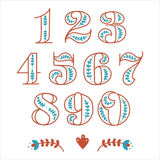 Folklore set of numbers and numbers in Scandinavian style Folk font for mathematics algebra and ca