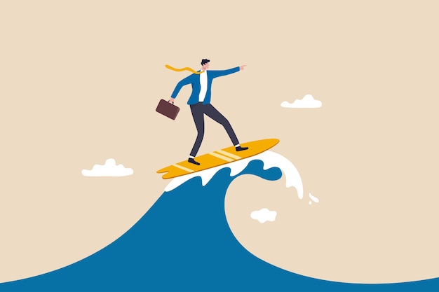 Follow business trend or momentum, challenge to overcome difficulty, professional experience worker or career development concept, expert businessman surfing or riding wave to success direction.