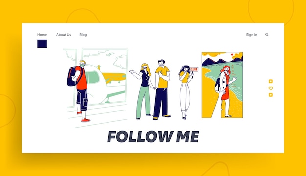 Follow me gesture landing page template. characters outstretching hand smiling woman hold hand first person view. man in medical mask invite travel by airplane. linear people vector illustration