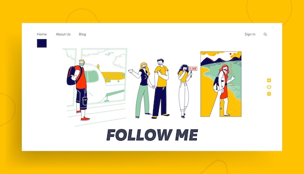 Follow Me Gesture Landing Page Template. Characters Outstretching Hand Smiling Woman Hold Hand First Person View. Man in Medical Mask Invite Travel by Airplane. Linear People Vector Illustration