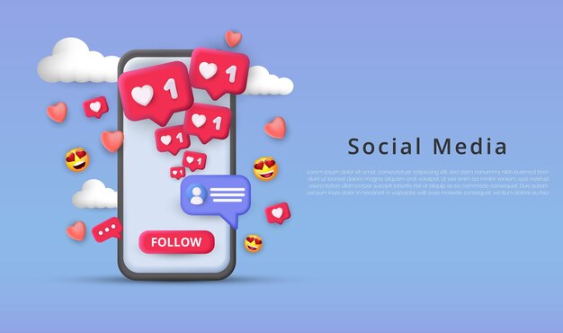 Follow me social media template with social media emoji and realistic 3d mobile phone