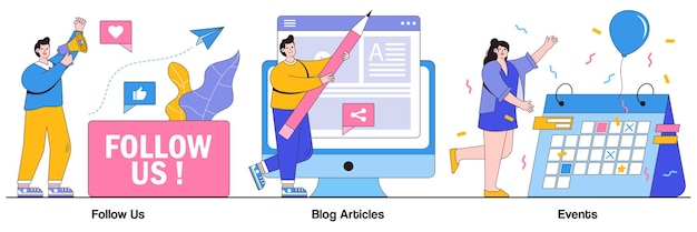 Follow us, blog articles, events concept with tiny people. corporate website links vector illustration set. social media, subscribe for newsletter, publications, company page, notification metaphor.