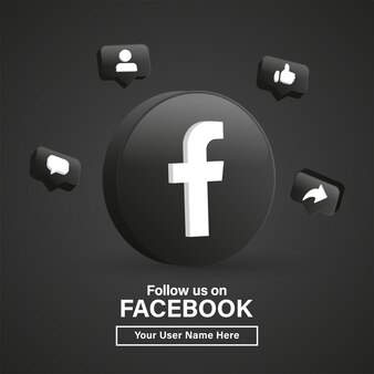 Seguici su facebook logo 3d nel moderno cerchio nero per le icone dei social media o unisciti a noi banner