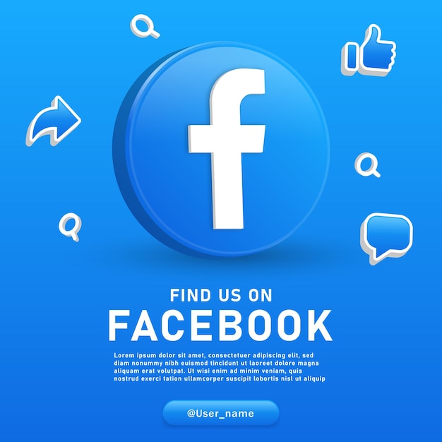 Seguici su facebook logo 3d e icone di notifica sullo sfondo dei social media come l'icona di condivisione dei commenti