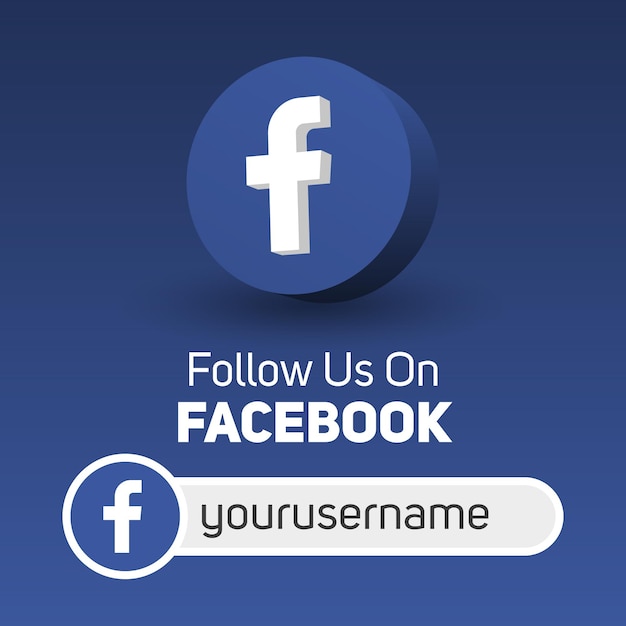 Follow us on facebook social media square banner with 3d logo and username box