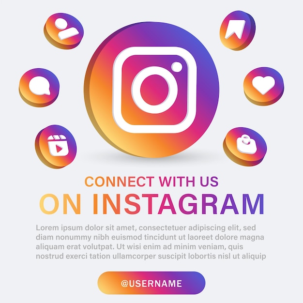 Follow us on instagram social media logos in 3d circle with notification icons and join us banner