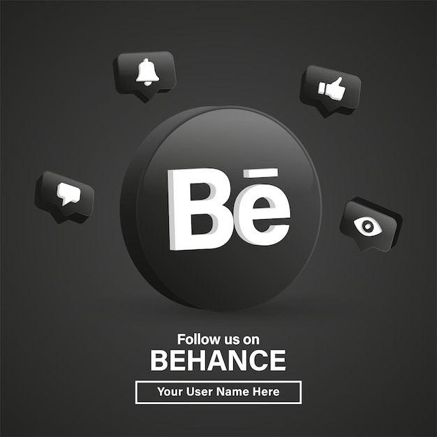 소셜 미디어 아이콘에 대한 현대적인 검은색 원의 Behance 3d 로고를 팔로우하거나 배너에 가입하세요.