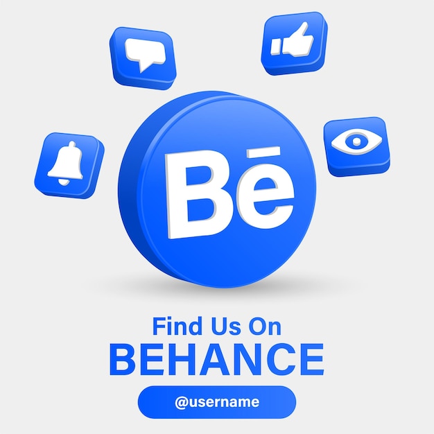 Вектор Следуйте за нами на behance: логотипы социальных сетей с 3d-логотипом в современной рамке со значками уведомлений