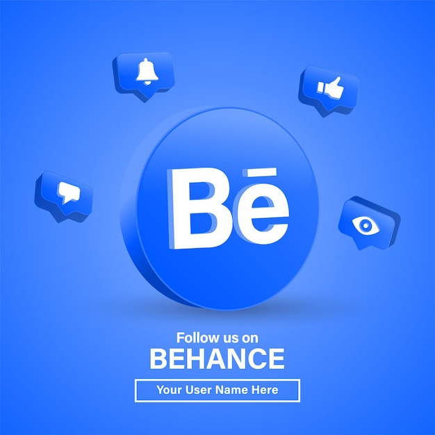 Вектор Следуйте за нами на behance с 3d-логотипом в современном круге для логотипов социальных сетей или присоединяйтесь к нам баннер