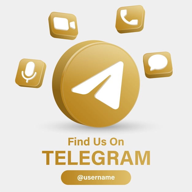 Следуйте за нами на логотипах социальных сетей telegram с 3d-логотипом в современной золотой рамке и значками уведомлений