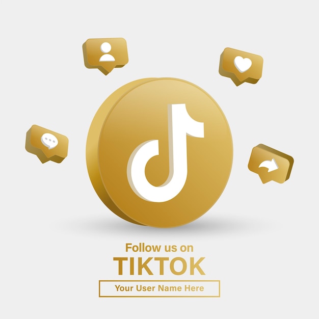 소셜 미디어 아이콘 로고를 위한 현대적인 골든 프레임의 Tiktok 3d 로고를 팔로우하거나 배너에 가입하세요.